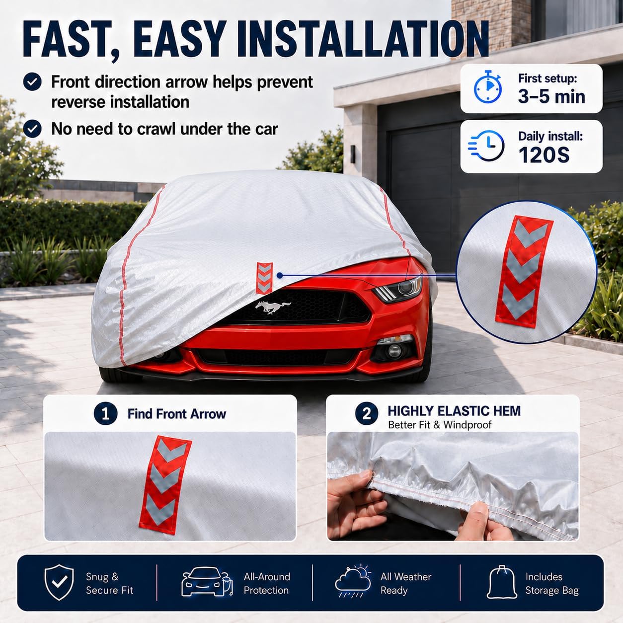 Car Cover for Sedan, Waterproof All Weather Heavy Duty, 360° Underbody Wrap Windproof Design, Quick Install Outdoor Vehicle Cover, Fits 186-193 in