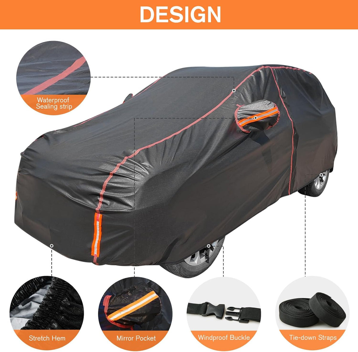 6 Layers Car Cover Waterproof All Weather Car Cover Waterproof All Weather, Outdoor Full Exterior Cover Rain Sun UV Snowproof Protection with Zipper Cotton for SUV (185-190inch)