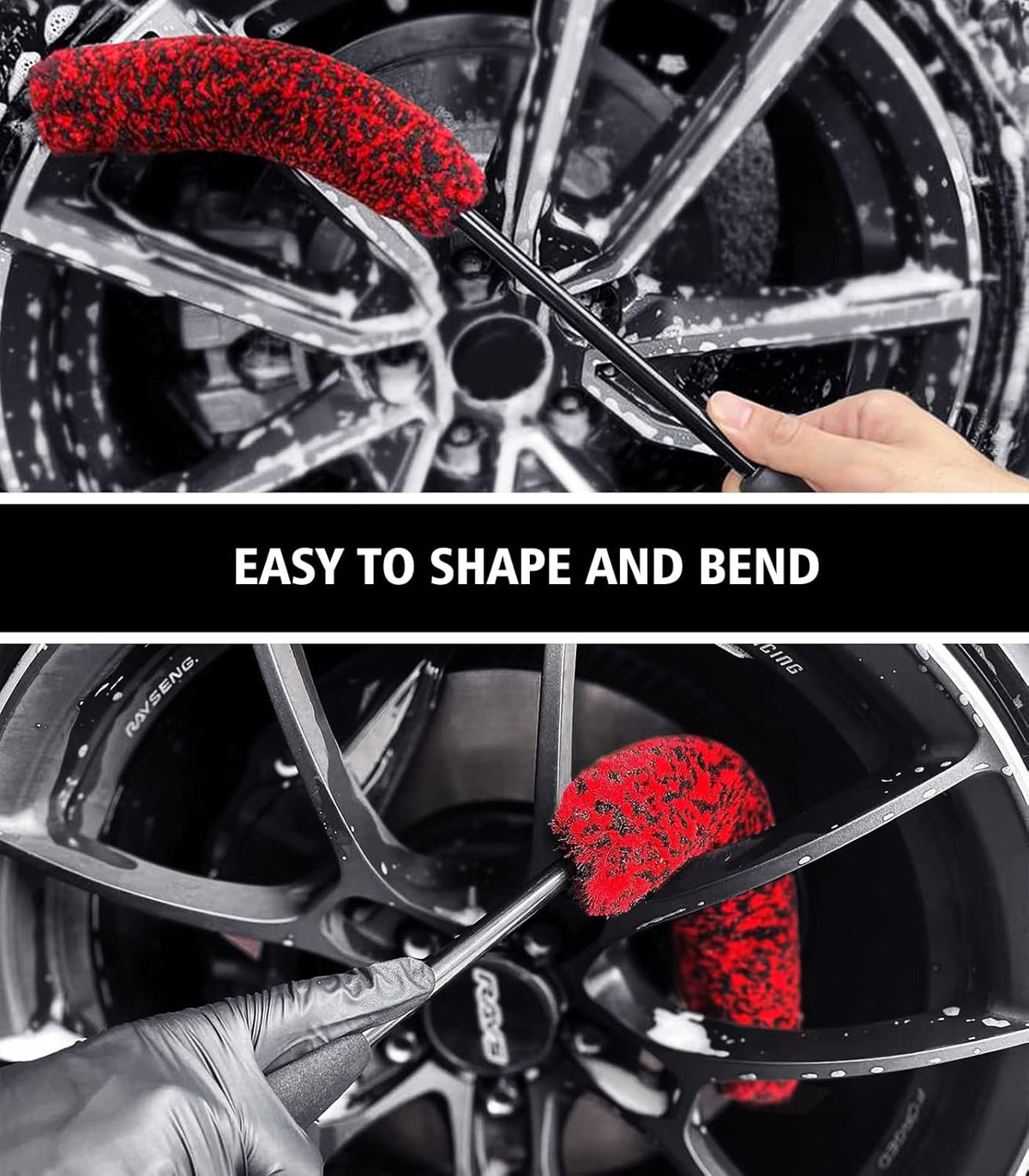 YeewayVeh 4Pack Car Wheel Cleaning Kit, Bendable Wheel Brush and Microfiber Rim Cleaner Brush, Tire Brush and Car Detailing Brush, Soft & No-Scratch Car Wheel Rim Brush Set for All Wheel Types, Red