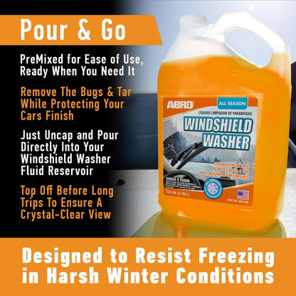 ABRO Windshield Washer Fluid Ready to Use Formula - 1 Gallon, Pre-Mixed, Streak-Free Cleanliness, 2-In-1 Removes Bugs & Tar