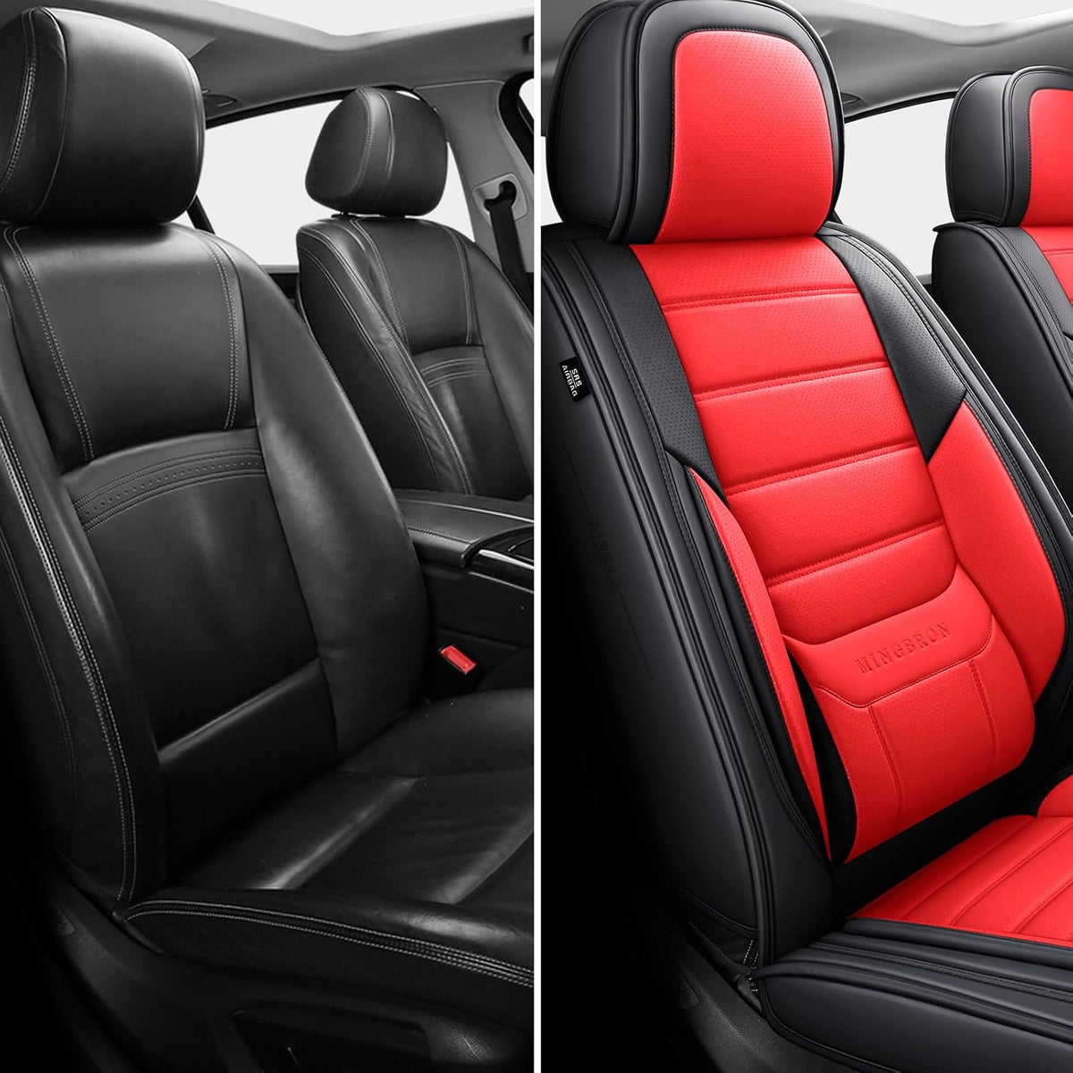 MINGBRON Car Seat Cover Full Set, Leather Car Seat Cover, Waterproof Seat Covers, Car Seat Cushion, Nappa Leather Seat Covers Car Seat Protector Universal Fit Most Cars Black