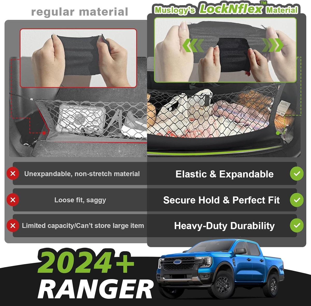 Muslogy Truck Bed Cargo Net Trunk Netting Compatible with 2023-2025 2026 Honda CR-V Accessories, Pickup Cargo Organizer SUV Sedan Storage Net w/Heavy Duty Carabiners - Colors A