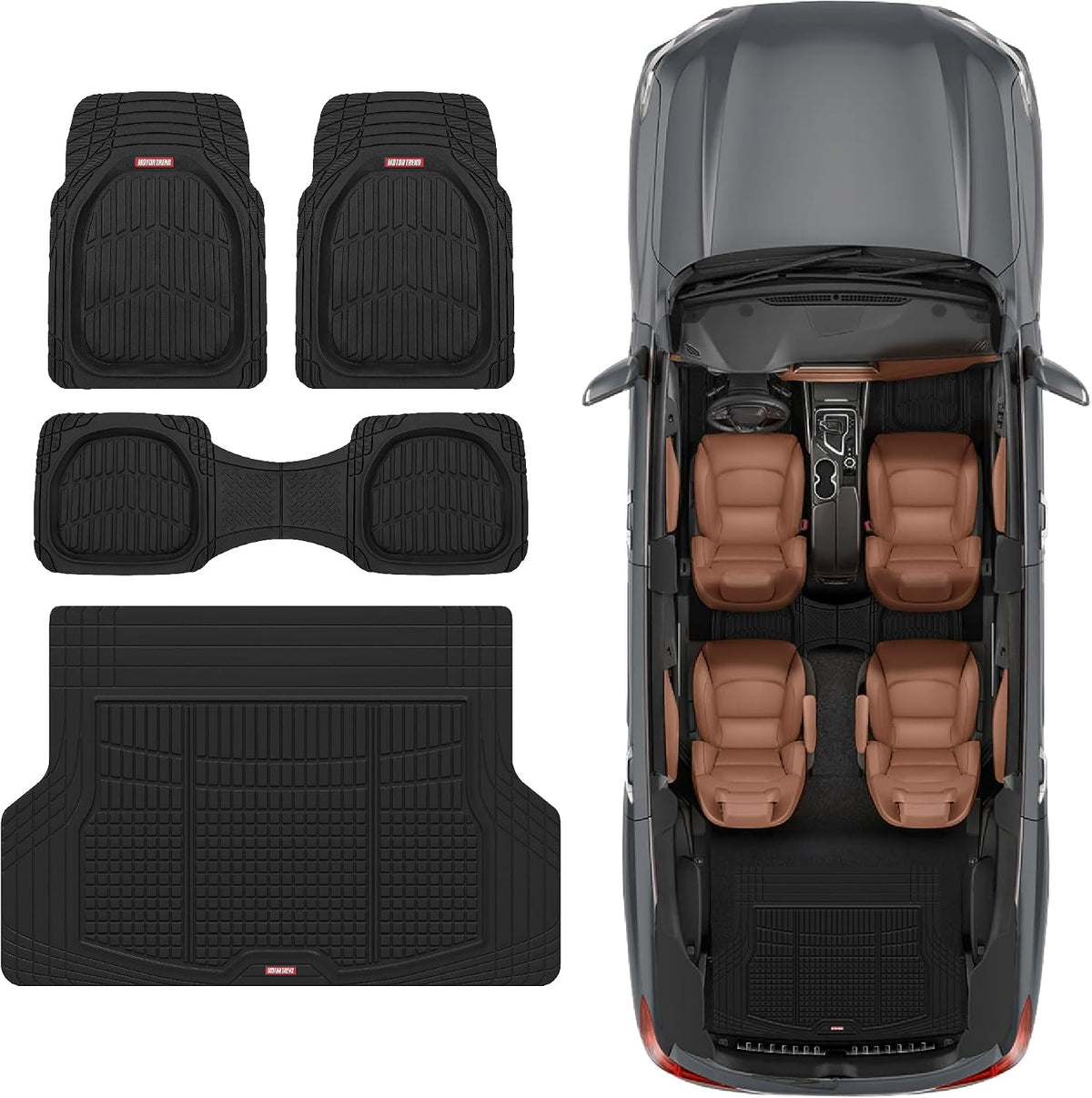 Motor Trend FlexTough 4-Piece Heavy Duty Floor Mats for Cars Trucks SUVs, Automotive Floor Mats Car Mats Full Set Front, Rear & Cargo, Trim-To-Fit Semi-Custom Deep Dish All Weather Rubber Mats - Black