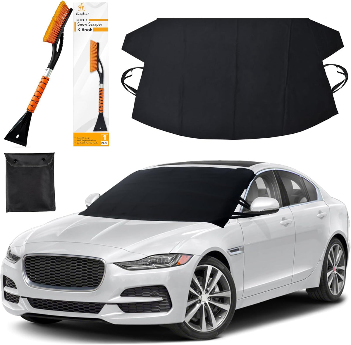 EcoNour Windshield Cover for Ice and Snow - Universal Fit for Car, SUV, Truck, Heavy Duty 600D Oxford Fabric Frost Protector for Ice & Sleet, Includes Anti-Theft Straps, Medium (69"x42")