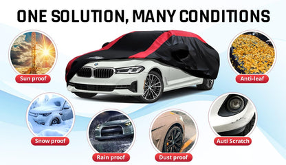 Car Cover Waterproof All Weather Protection with Red Stripe Design, Universal Fit Toyota Camry Solara, Ford Fusion, Kia Stinger Optima, Nissan Maxima, VW Passat, Subaru Legcy