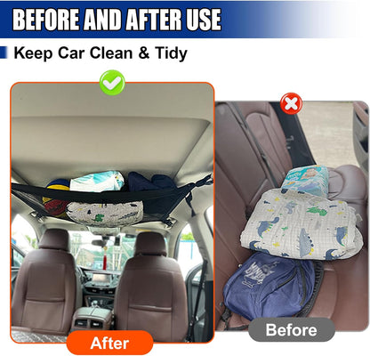 Car Ceiling Cargo Net Pocket, 35.43"×25.59" Double-Layer Roof Storage Net with Adjustable Buckles, Car Camping Essentials Mesh Organizer, Universal Long Road Trip Auto Accessories