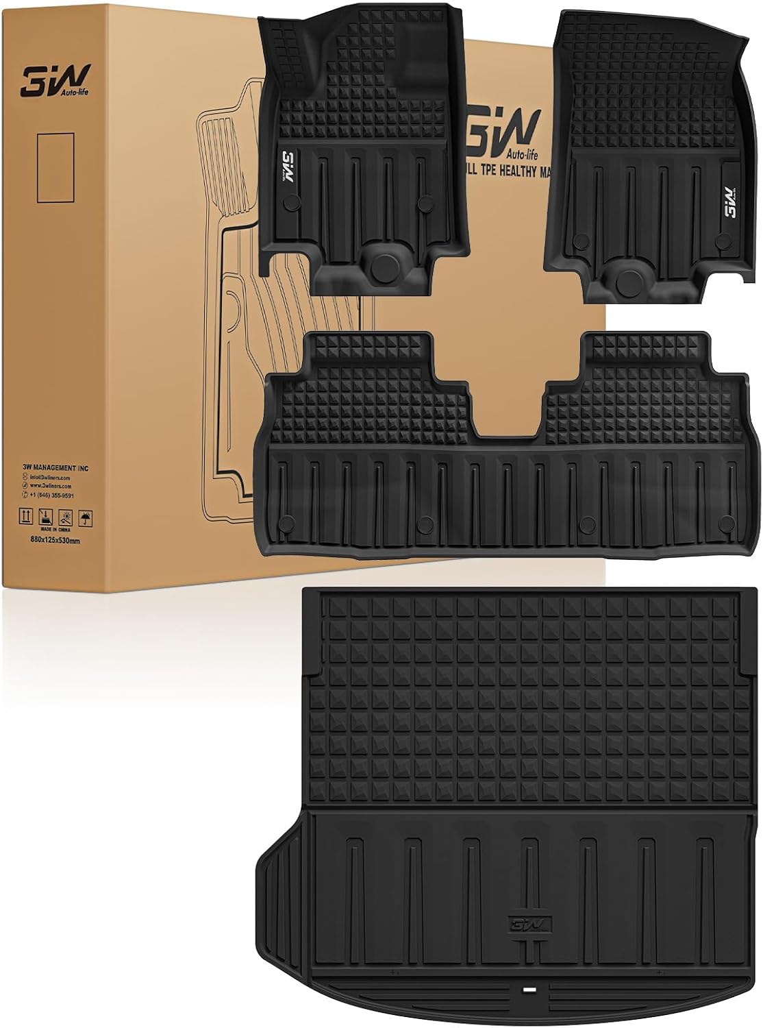 3W Floor Mats & Cargo Liner Fit for 2021 2022 2023 2024 2025 2026 Chevy Tahoe/GMC Yukon/Cadillac Escalade 7 Seat, TPE All Weather Custom Fit Car Accessories Heavy Duty Rubber Full Set Trunk Mats - Colors A