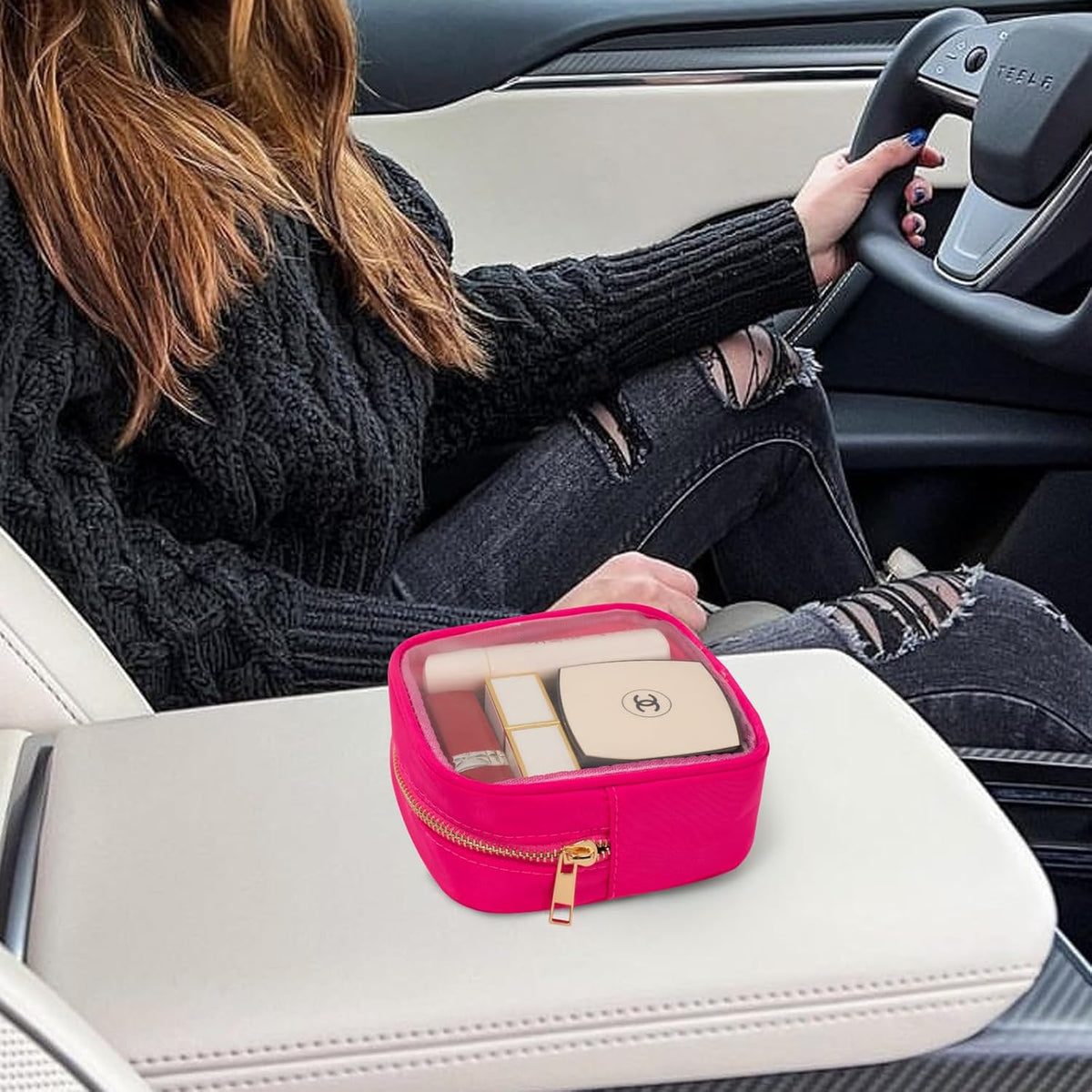 Small Clear Makeup Bag for Purse Small Cosmetic Bag Travel Size Toiletry Bags Cute Travel Makeup Bag,Coin Purse,Car Asscessories Organizer Storage Travel Essentials for Women Girls(Clear-Beige)