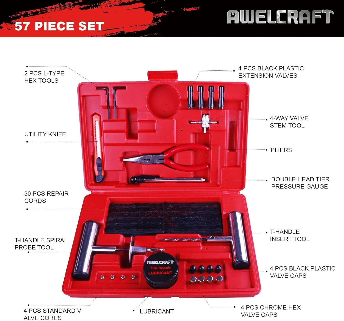 AWELCRAFT 10-Piece Economical Tire Repair Kit – Flat Tire Plug Kit with T-Handle Tools, Storage Case – Fix Punctures Fast, No Tire Removal Needed – Ideal for Car, Truck, Motorcycle, ATV