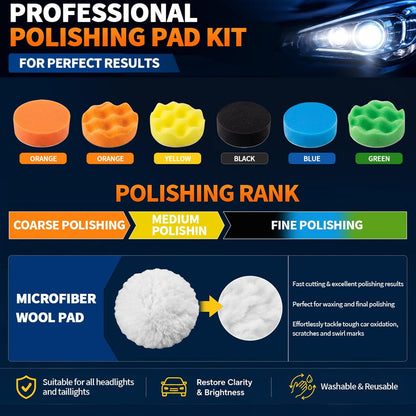 Car Headlight Restoration Kit, 3 Inch Car Polishing Sanding Discs with 1/4 Inch Shank Backing, Scouring Pads, Buffing Sponge, Soft Interface, Woolen Buffer, 41PCS