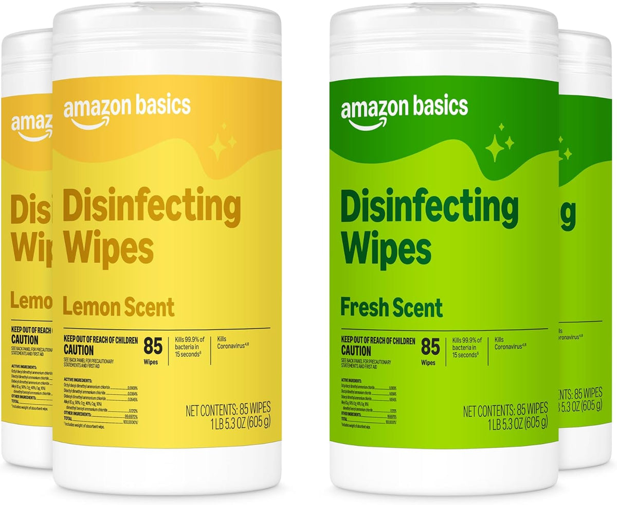 Amazon Basics Disinfecting Wipes, Lemon & Fresh Scent, Sanitizes, Cleans, Disinfects, Deodorizes, 340 Count (4 Packs of 85), Packaging May Vary