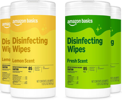 Amazon Basics Disinfecting Wipes, Lemon & Fresh Scent, Sanitizes, Cleans, Disinfects, Deodorizes, 340 Count (4 Packs of 85), Packaging May Vary