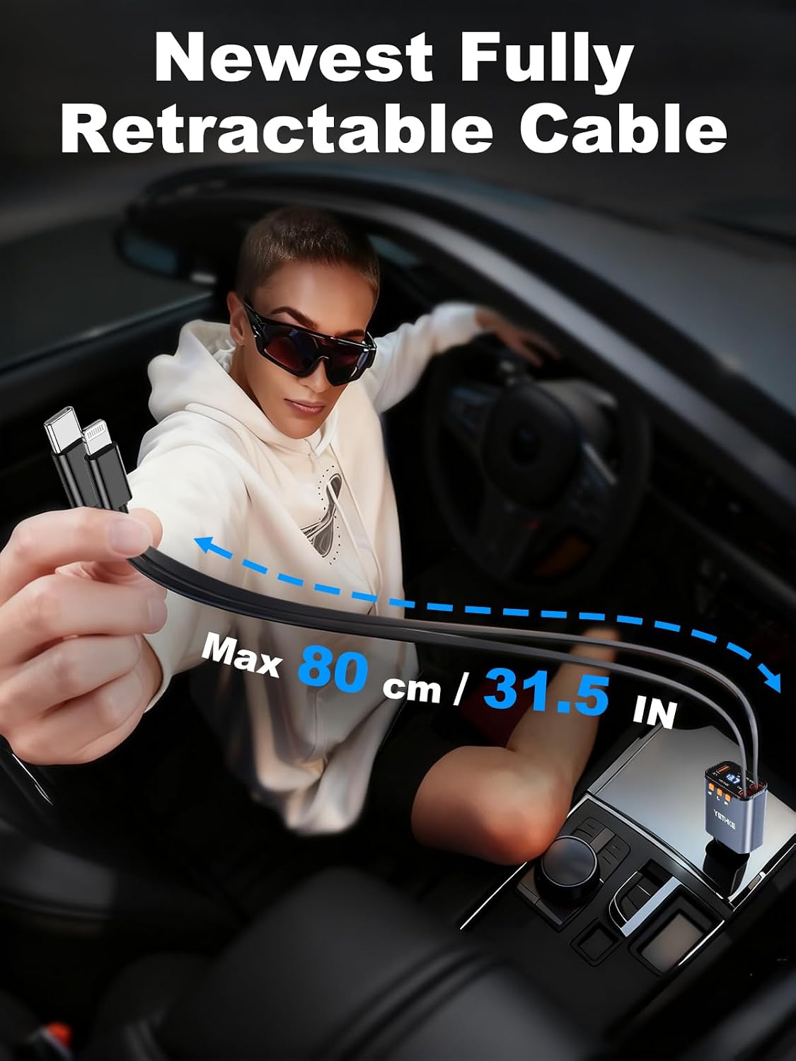 Bluetooth Car Adapter with Retractable Charger, FM Transmitter Bluetooth 5.4 for Cars, 4 in 1 Fast Car Phone Charger 69W, Handsfree Call, 2*Retractable Cable for iPhone 17/16/15/14, Galaxy-Black