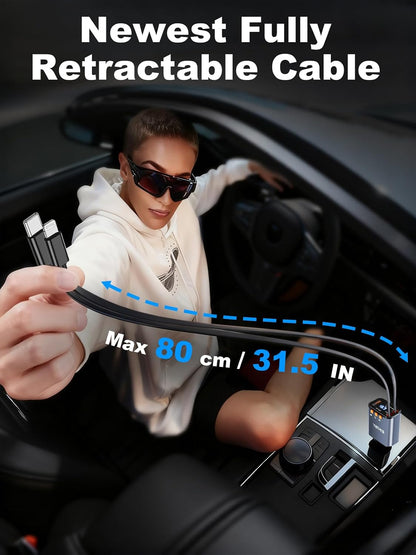 Bluetooth Car Adapter with Retractable Charger, FM Transmitter Bluetooth 5.4 for Cars, 4 in 1 Fast Car Phone Charger 69W, Handsfree Call, 2*Retractable Cable for iPhone 17/16/15/14, Galaxy-Black
