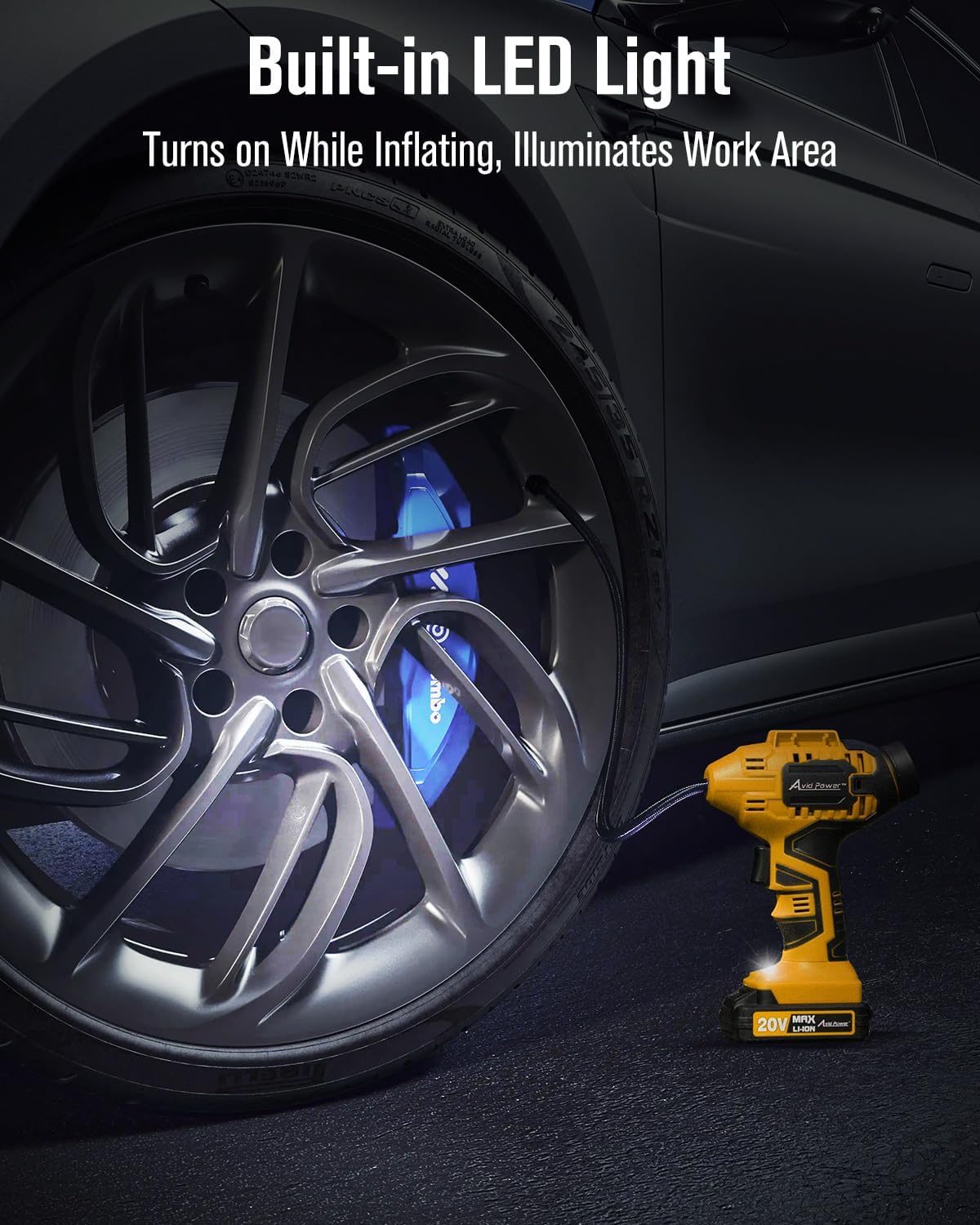 AVID POWER Tire Inflator Portable Air Compressor, 20V Cordless Car Tire Pump, Rechargeable Battery Powered Air Compressor w/12V DC Adapter, Digital Pressure Gauge