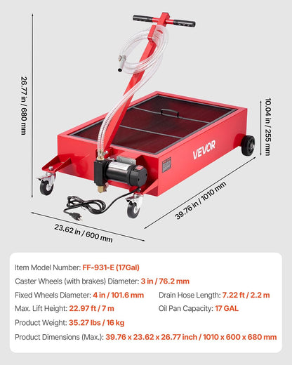 VEVOR Low Profile Oil Drain Pan, 15 Gallon Capacity, Rolling Oil Drain Pan with Electric Pump & 7.2 ft Hose, Leak-Proof & Corrosion-Resistant, Fit for Cars, SUVs, Trucks, Motorcycles, ATVs, Metal