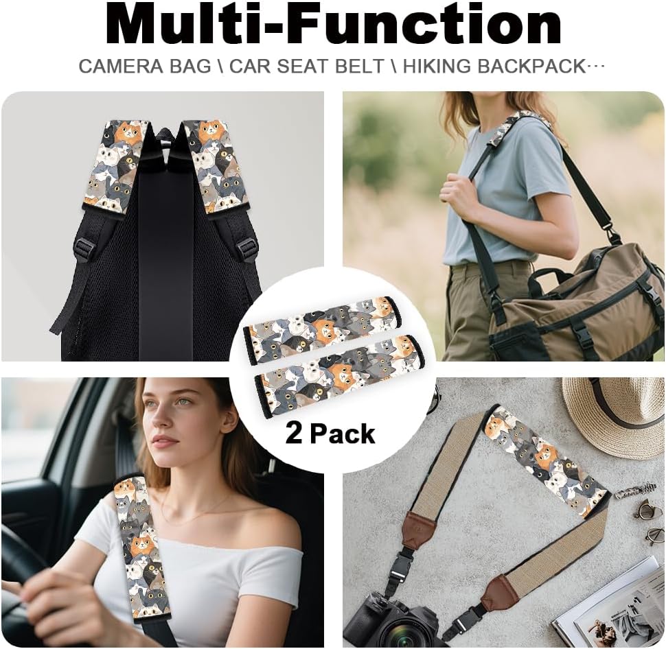 2Pcs Soft Auto Seat Belt Cover Pad Cute Cat Print Colorful Car Seatbelt Shoulder Cushion for Comfortable Driving, Compatible with All Cars' Seatbelt and Backpack Straps