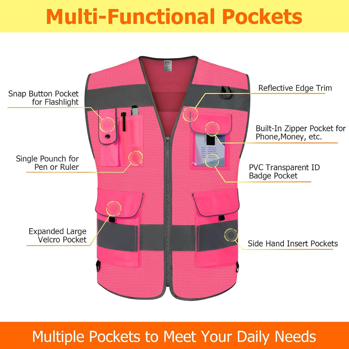 TCCFCCT Safety Vest for Men Women 9 Pockets High Visibility Vest for Safety, Reflective Work Vest with Reflective Strips, Meets ANSI/ISEA Standards, (Yellow, Large)