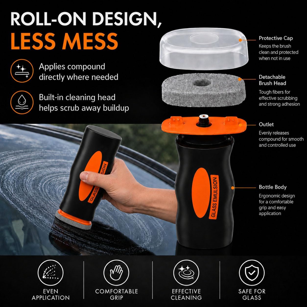 Glass Oil Film Remover for Car, 100ml Roll-On Glass Compound with Cleaning Board, Removes Oil Film & Smudges, Improve Windshield Clarity for Safe Driving