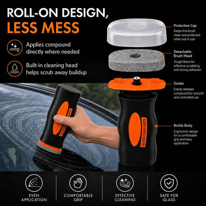 Glass Oil Film Remover for Car, 100ml Roll-On Glass Compound with Cleaning Board, Removes Oil Film & Smudges, Improve Windshield Clarity for Safe Driving