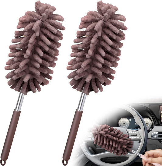 2 PCS Car Interior Duster with Extension Pole, Microfiber Car Duster with Bendable Head, Car Accessories Dusters Exterior&Interior Scratch Free, for Cleaning of Vehicle Details, Offices, Windows(Pink)
