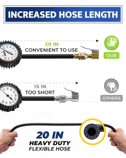 Tire Inflator with Pressure Gauge and Longer Hose - Most Accurate, Heavy Duty Air Chuck with Gauge for Air Compressor Tire Inflator Attachment - 100PSI
