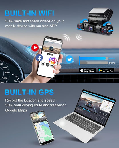 PRUVEEO 360° 4 Channel Dash Cam Front and Rear Inside Left Right, Dash Camera for Cars, Built-in GPS WiFi Night Vision, 24/7 Recording Parking Mode Monitor, 128G Card Included