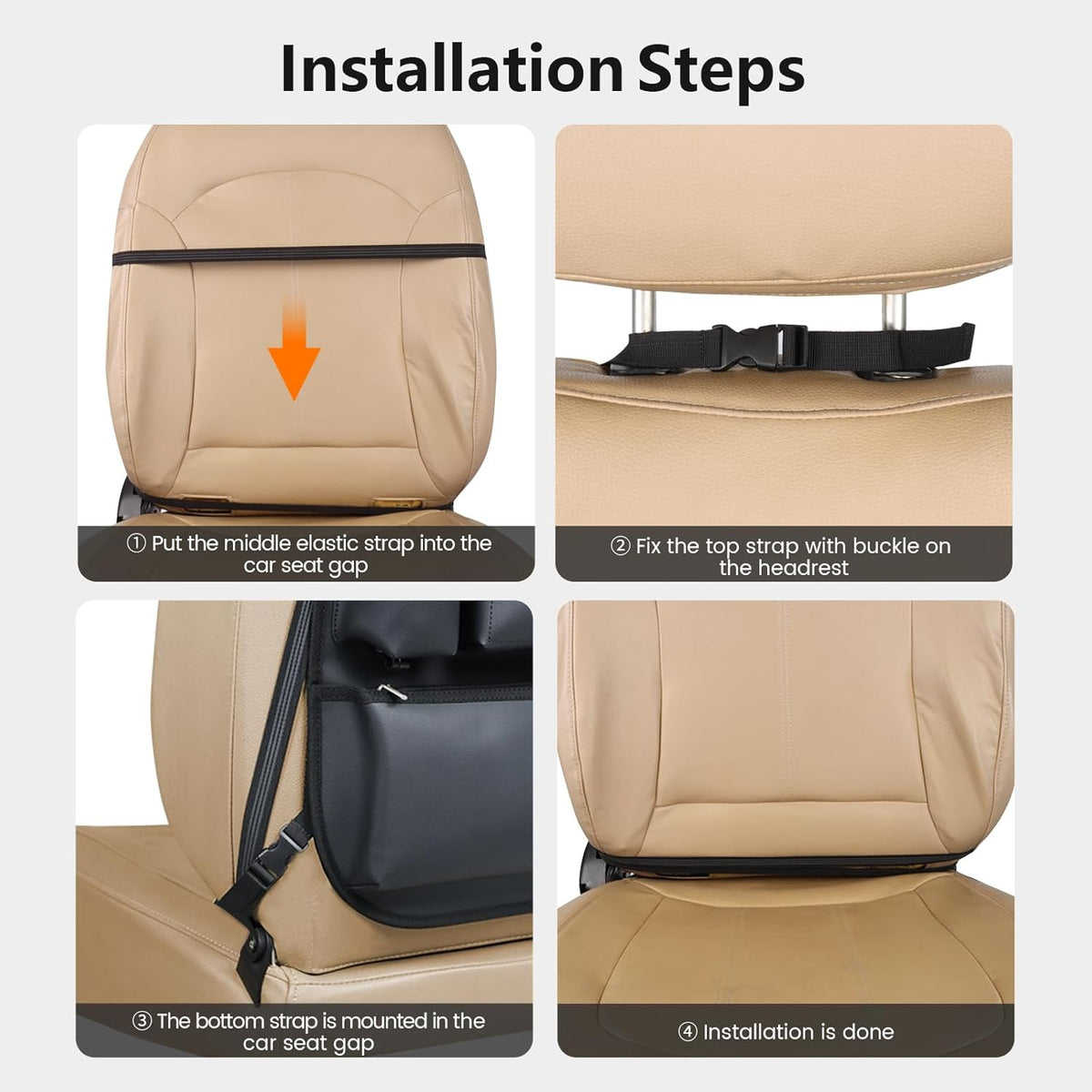 Viaviat Car Seat Organizers Waterproof Backseat Protector with Storage Pocket Large Leather Kick Mats for Kids Pets Automobile SUV Truck (Beige, Large Pocket)