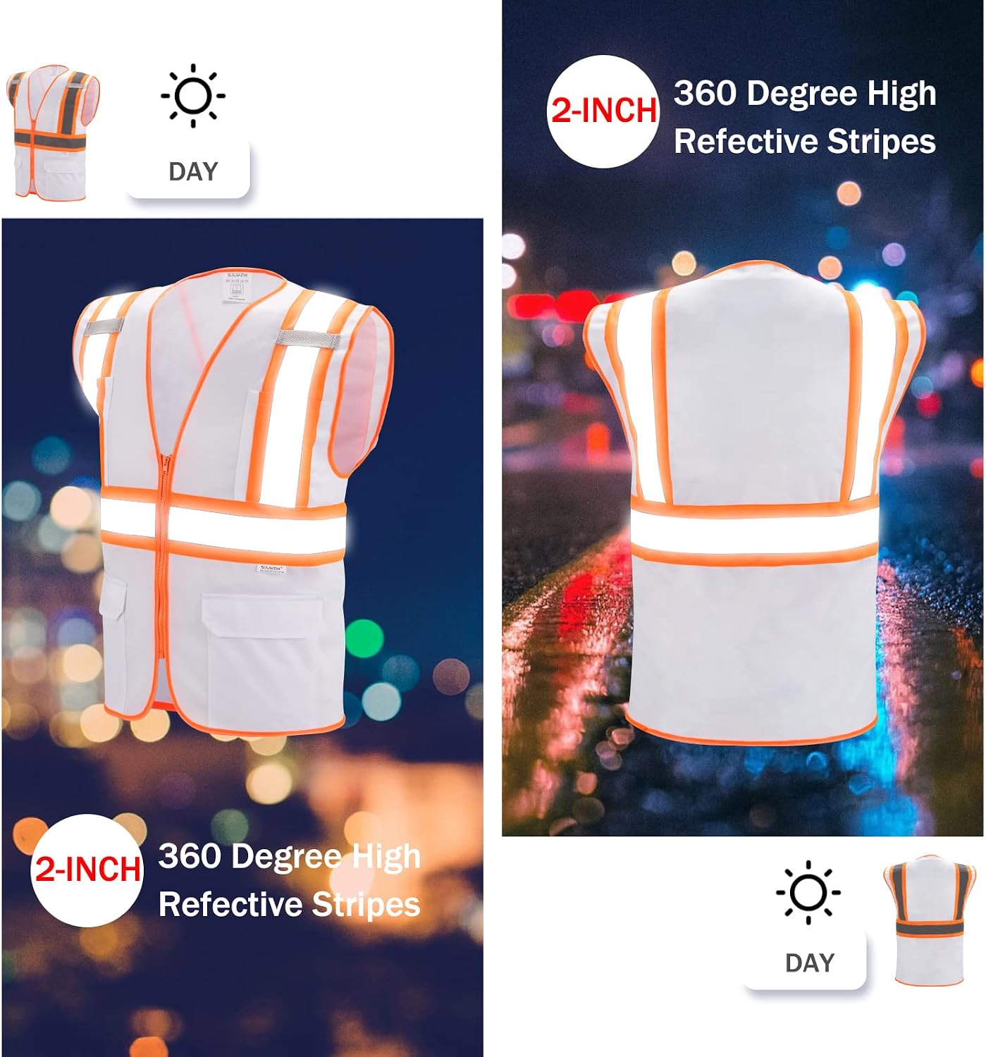 High Visibility Reflective Safety Vest with Zipper and Pockets Orange,M