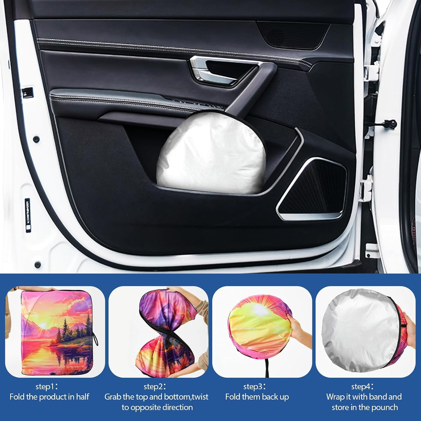 Fauson Car Windshield Sun Shade for Sedans, SUVs & Trucks Reflective UV Block Sunshade Visor Shield Foldable with Storage Bag Blocks Sun Heat to Keep Car Interior Cool, Front Window - L 57 x 32 W