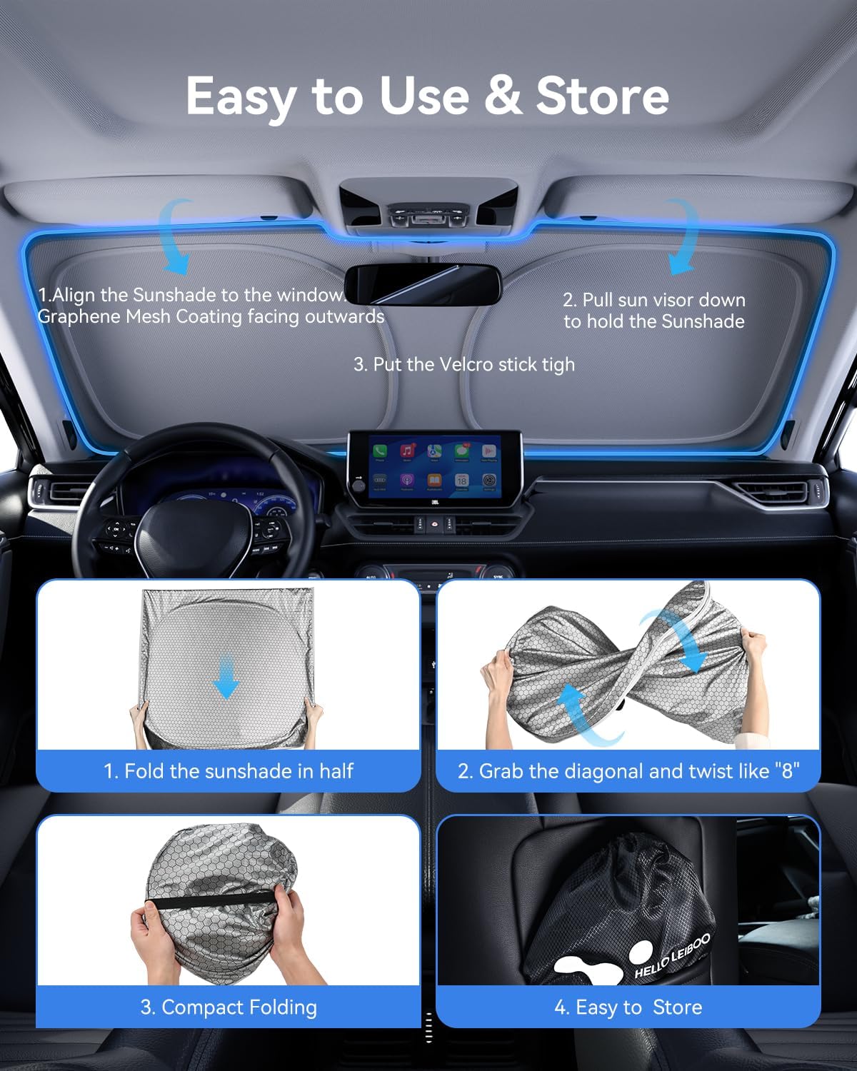 helloleiboo Graphene Car Windshield Sun Shade Car Sun Shade for Windshield with Heat Absorption Coating Foldable Design with UV Protection to Keep Your Car Interior Cooler Silver (X-Large-61 × 34 in)