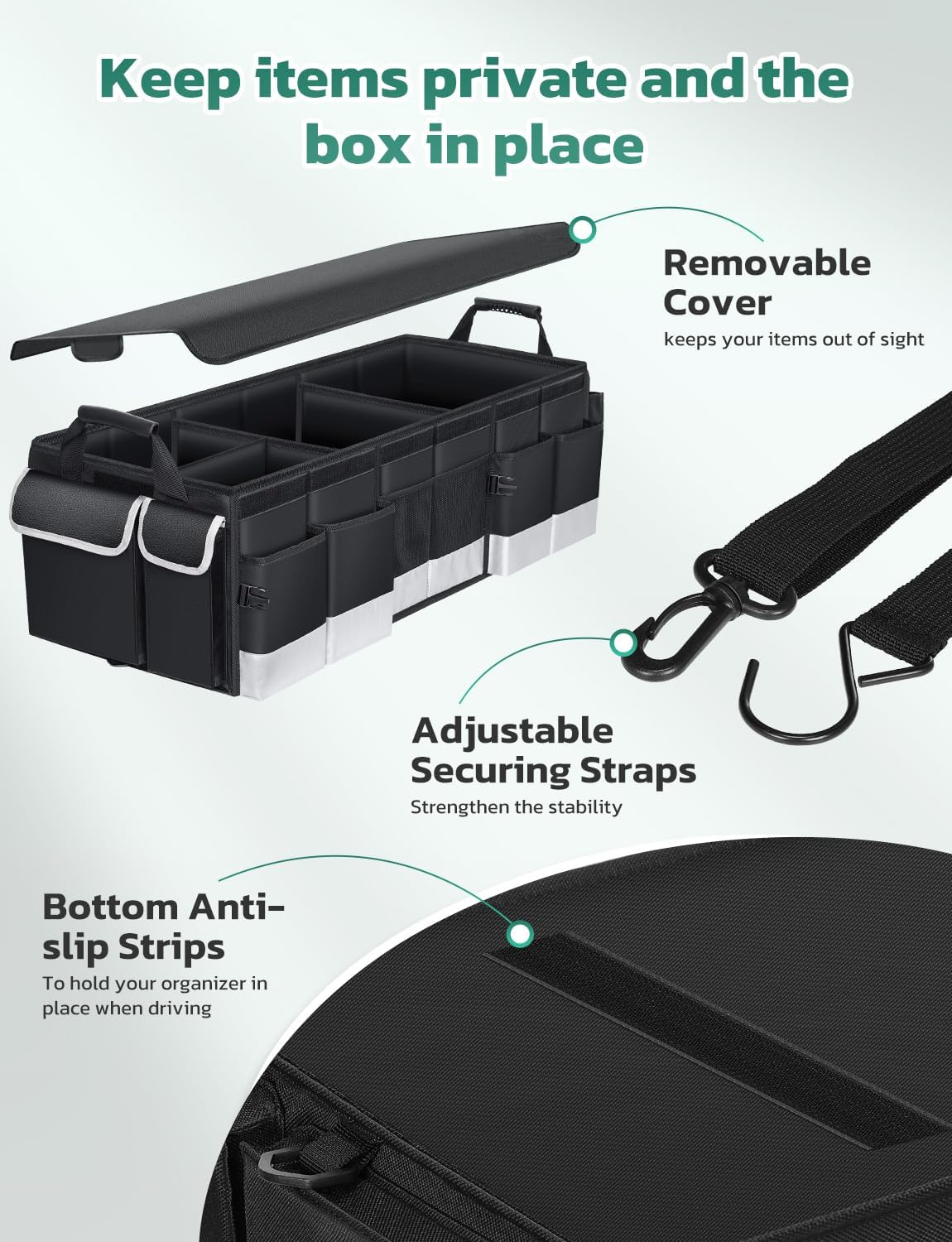 Oasser Car Trunk Organizer, 3 Compartments Collapsible Waterproof Car Organizer Storage with Foldable Cover, Reflective Strip, Non-Slip Bottom, 4 Mesh Pockets for SUV/Truck/Sedan/Camping/Road Trip