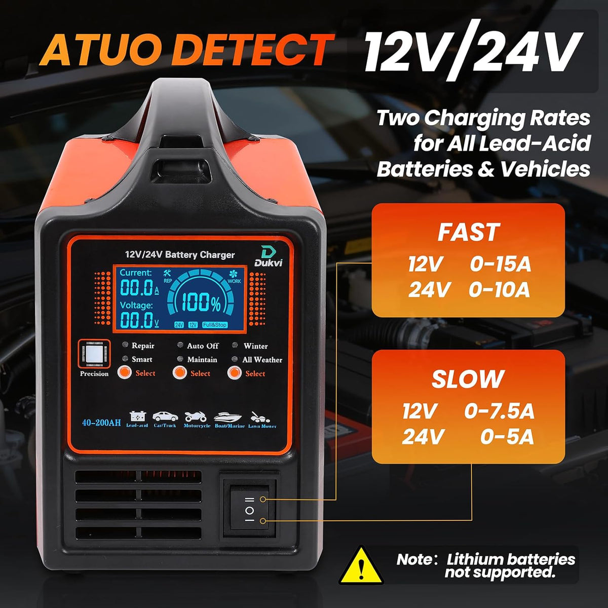 12V 24V Car Battery Charger Heavy Duty, 0-15A Automatic Battery Maintainer, Smart Trickle Charger with Repair & Winter Mode, Auto Shut-Off for AGM, Deep Cycle, Motorcycle, Truck, RV, Marine