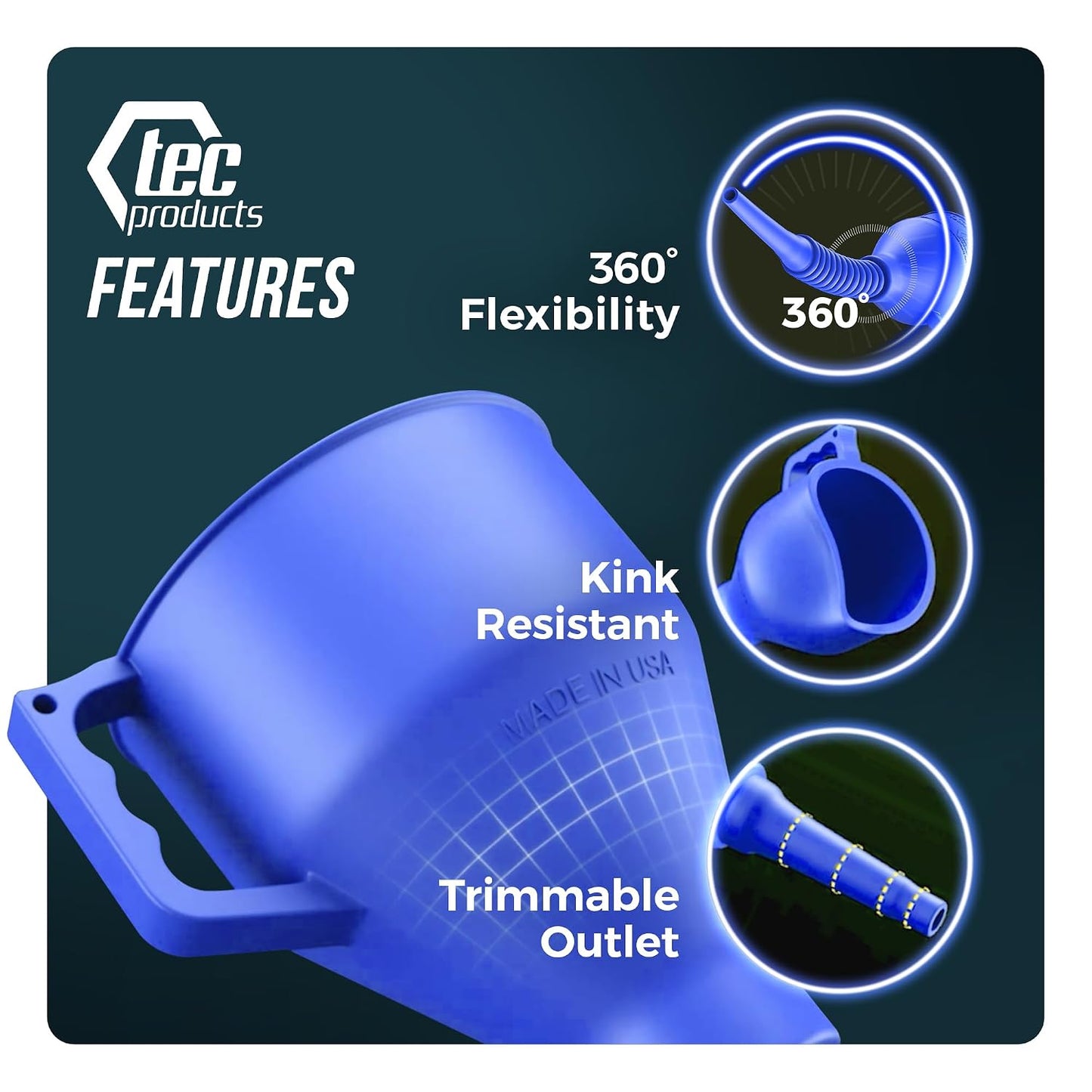 TEC Products FlexAll Long Flexible Funnels - Automotive Oil Funnel with Hose, Durable Nitrile Rubber for Oil Change, Transmission Funnel Fluid, Diesel, Fuel, Gas - Made in USA - Red (16 x 5 Inches)
