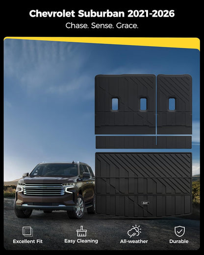3W Floor Mats & Cargo Liner Fit for 2021 2022 2023 2024 2025 2026 Chevy Tahoe/GMC Yukon/Cadillac Escalade 7 Seat, TPE All Weather Custom Fit Car Accessories Heavy Duty Rubber Full Set Trunk Mats - Colors B