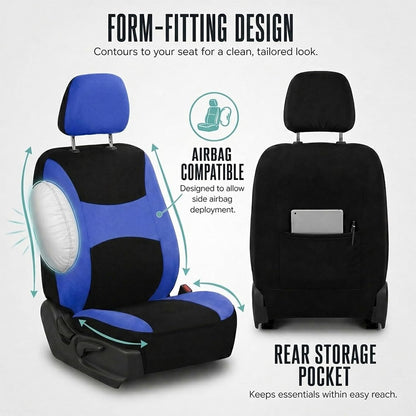 FH Group Full Set Cloth Car Seat Covers, Universal Fit Front and Split Bench Rear, Airbag Compatible, Washable for SUV, Sedan, Van - Black