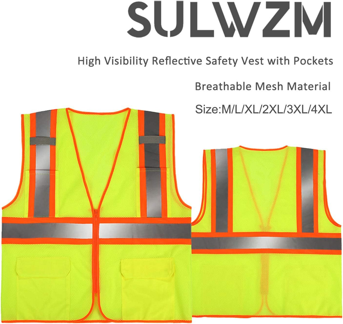 High Visibility Reflective Safety Vest with Zipper and Pockets Orange,M