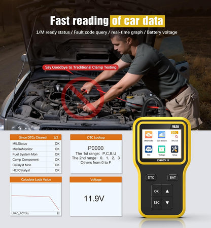UMEIJA OBD2 Scanner with Upgrade Battery Tester - Diagnostic Tool for Cars That Check Engine Light & Emissions Readiness Read and Clears Vehicle Error Codes for All OBD II Protocol Vehicles Since 1996