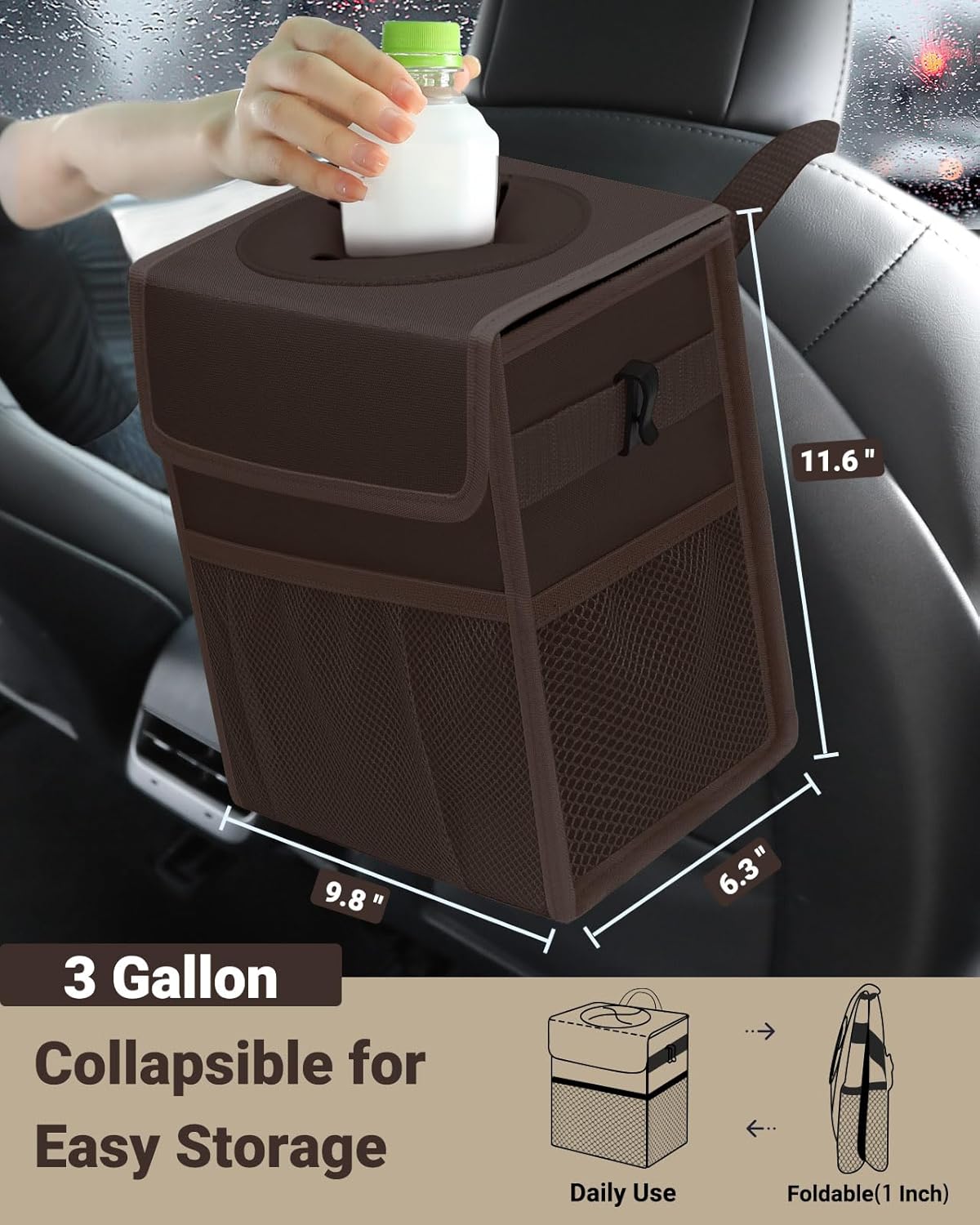 Capolo Car Trash Can with Lid, Leakproof Car Trash Bag Hanging Waterproof Automotive Garbage Can with Storage Pockets Mini Vehicle Trash Bin for Back/Front Seat(Black,2.5 Gallon)
