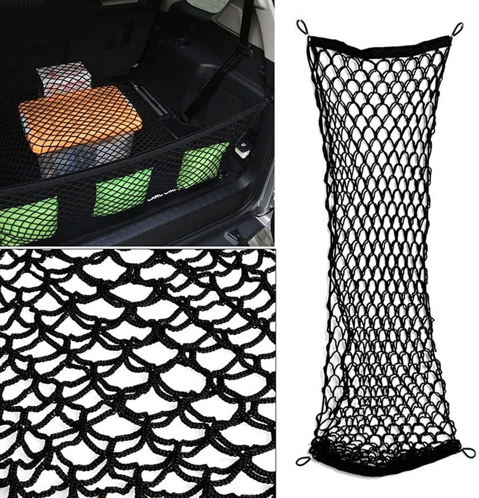 Car Rear Cargo Net, Universal Adjustable Elastic Trunk Cargo Storage Organizer Net Compatible for SUV, Jeep, Truck, Storage Nylon Mesh Double-Layer with Hooks (35.4 x 15.7 Inch)