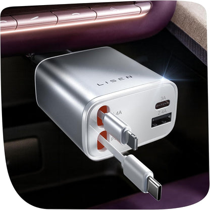 LISEN Retractable Car Charger, 84W Car Charger USB C Fast Charger, Cigarette Lighter USB Charger Adapter, Car Accessories Birthday Gifts for Men Women Dad Mom Husband, for iPhone 17 16 15 14 13 12 11