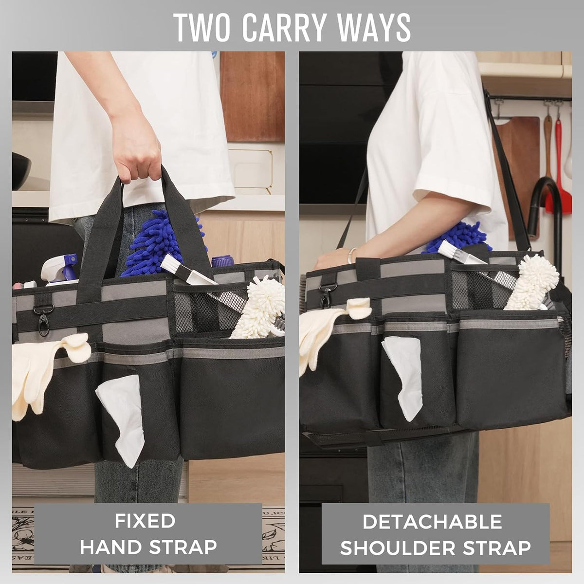 SCAVATA Wearable Cleaning Caddy Organizer with Handle & Shoulder Straps for Housekeepers, Under Sink & Car Cleaning Tool Organizer Bag with 4 Foldable Dividers (Green)