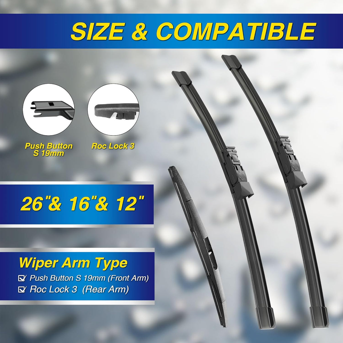 5 PLUS® Silicone Windshield Wipers Replacement for 2019-2024 Toyota RAV4/ 2006-2015 Mazda 5 Wiper Blades(Set of 3), Windshield Wiper Blades For My Car-26"/16"/12" - Colors B
