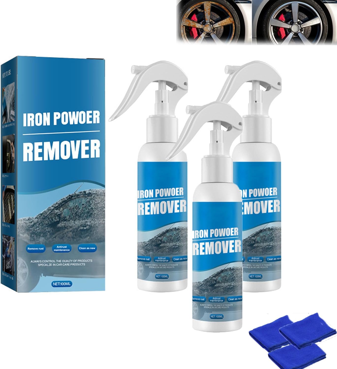 Iron Powder Remover Spray, Car Iron Powder Rust Remover Spray, Automotive Rust Remover Spray 100ml, For Metal, Bikes, Tools, Furniture & Household Surfaces (1 set)