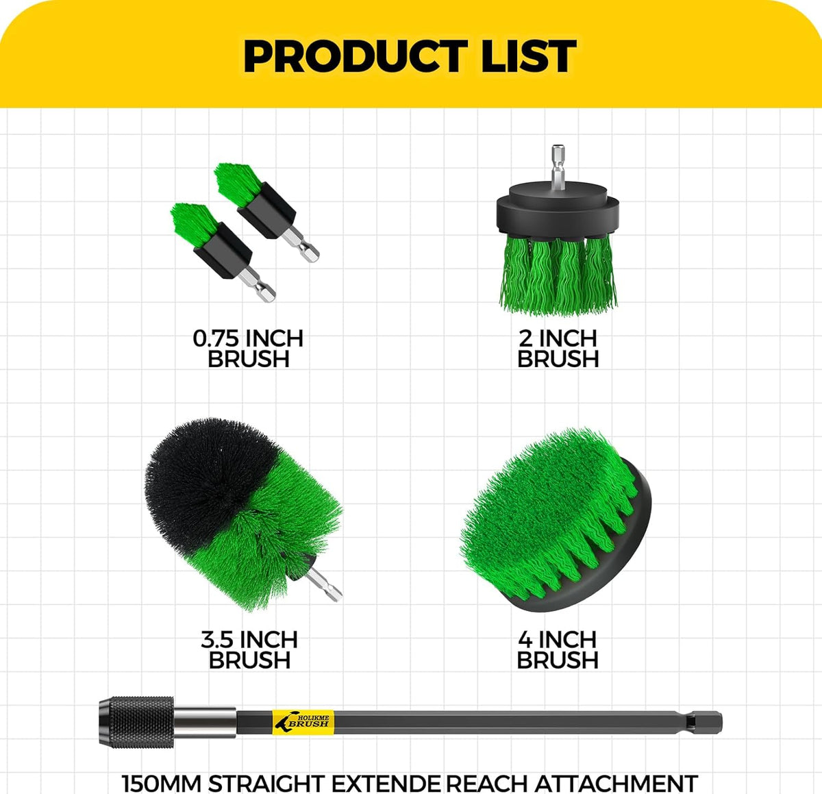 Holikme 6Pack Drill Brush Power Scrubber Cleaning Brush Extended Long Attachment Set All Purpose Drill Scrub Brushes Kit for Grout, Floor, Tub, Bathroom and Kitchen Surface,Scratch Brushes（Yellow）