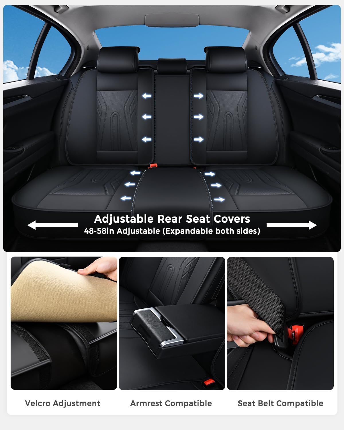 Huidasource Coffee Seat Covers Full Set, Universal Fit for Most Cars Trucks SUV, Full Coverage Leather Seat Cover, Airbag, Cupholder Compatible, Velcro Adjustable, Heaating/Cooling Function Retain