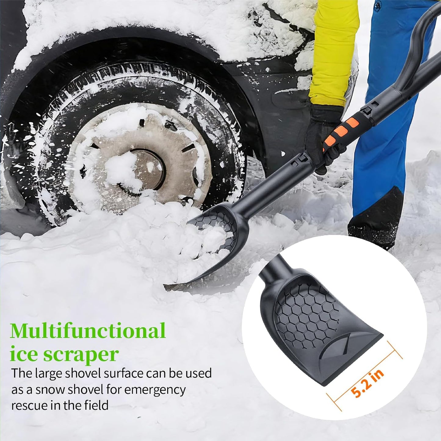 45.6" Ice Scraper and Snow Brush for Car Windshield [Silicone Bristles] ,3-in-1 Extendable Emergency Snow Shovel with Ergonomic Foam Grip and 360° Pivoting Brush Head for Christmas, Car Auto Truck SUV