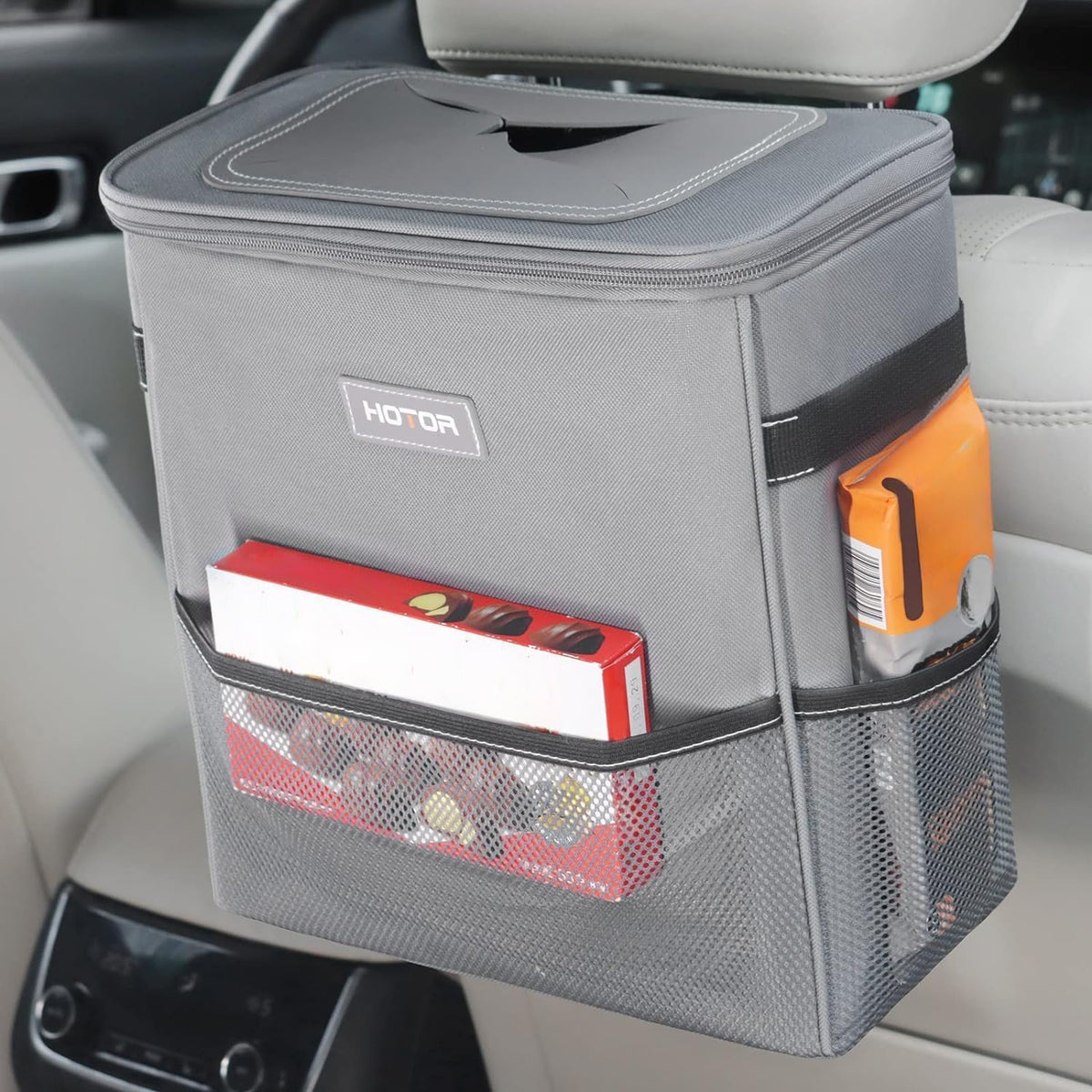 HOTOR Car Trash Can with Lid and Storage Pockets - 100% Leak-Proof Organizer, Waterproof Garbage Can, Multipurpose Trash Bin for Car, 2 Gallons, Black
