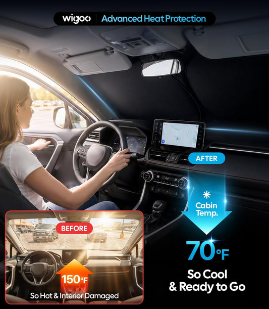 Wigoo Tesla New Model Y Accessories Windshield Sunshade [OEM Design, 100% Sun Blockage] Foldable Heat Insulation Sunshade with Storage Bag, for Model Y 2020~2026 (Juniper), Silver Coating - Colors B