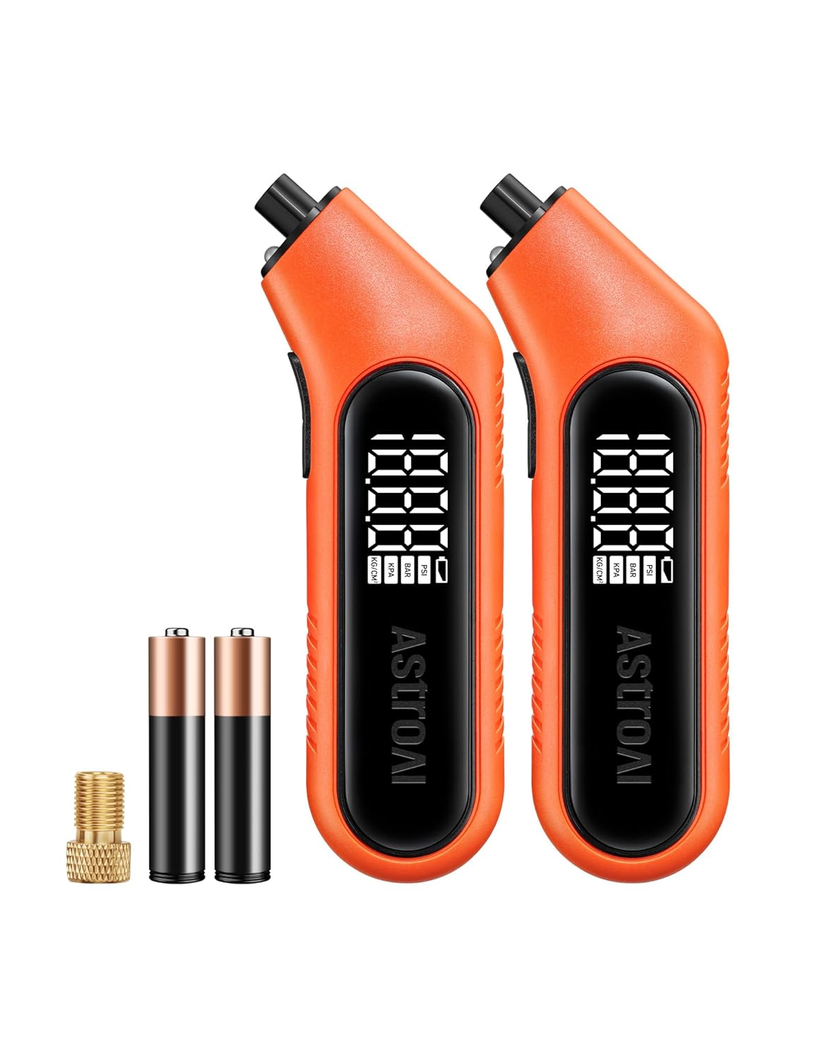 AstroAI Digital Tire Pressure Gauge 3-300PSI Calibrated to ANSI B40.7 Grade 2A (0.5%), Backlight and Flashlight, Presta Valve Adaptor Included, 4 Units, AAA Batteries, Orange